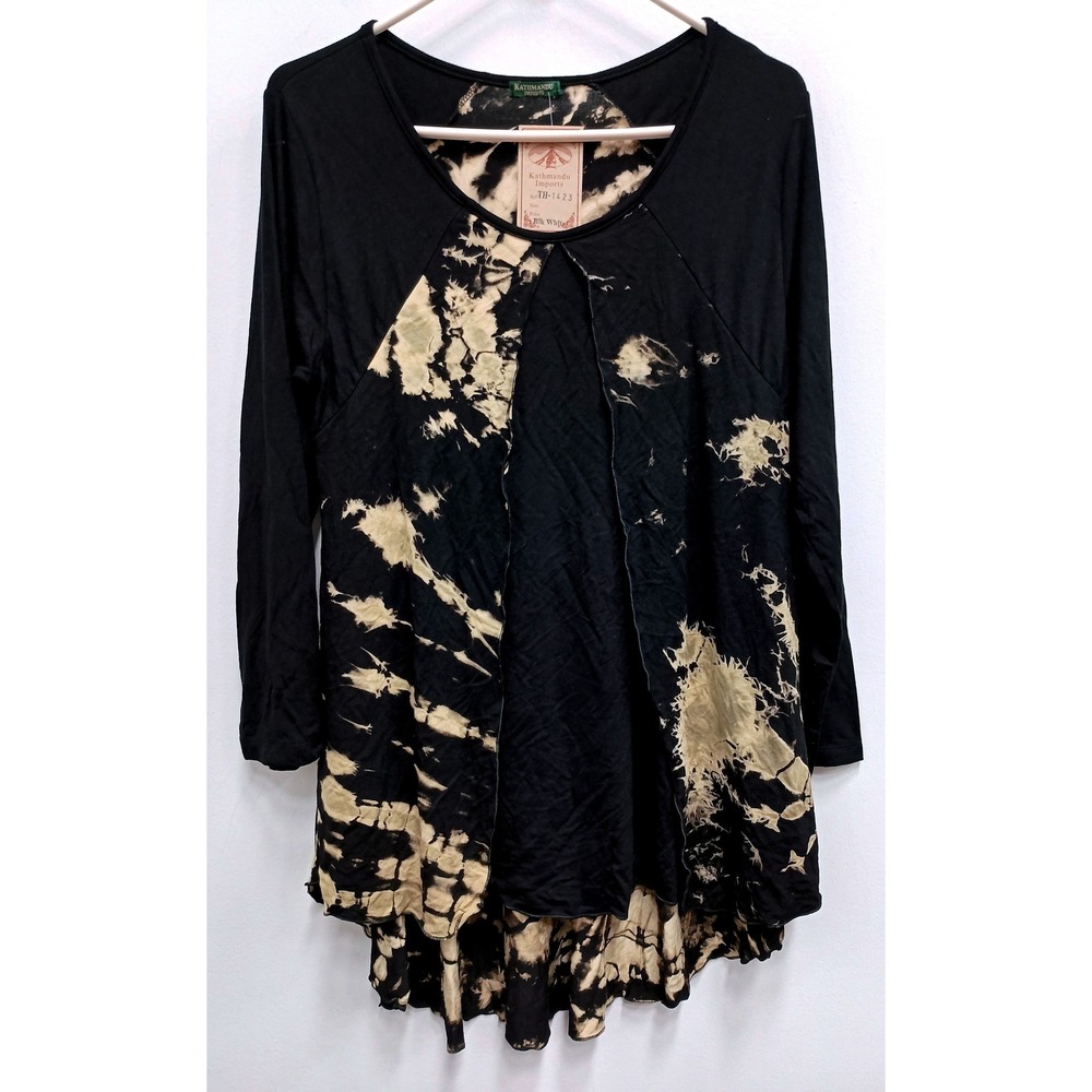 Kathmandu Imports Tunic Top Womens One Size Black Beige Tie Dye Long Sleeve Boho
